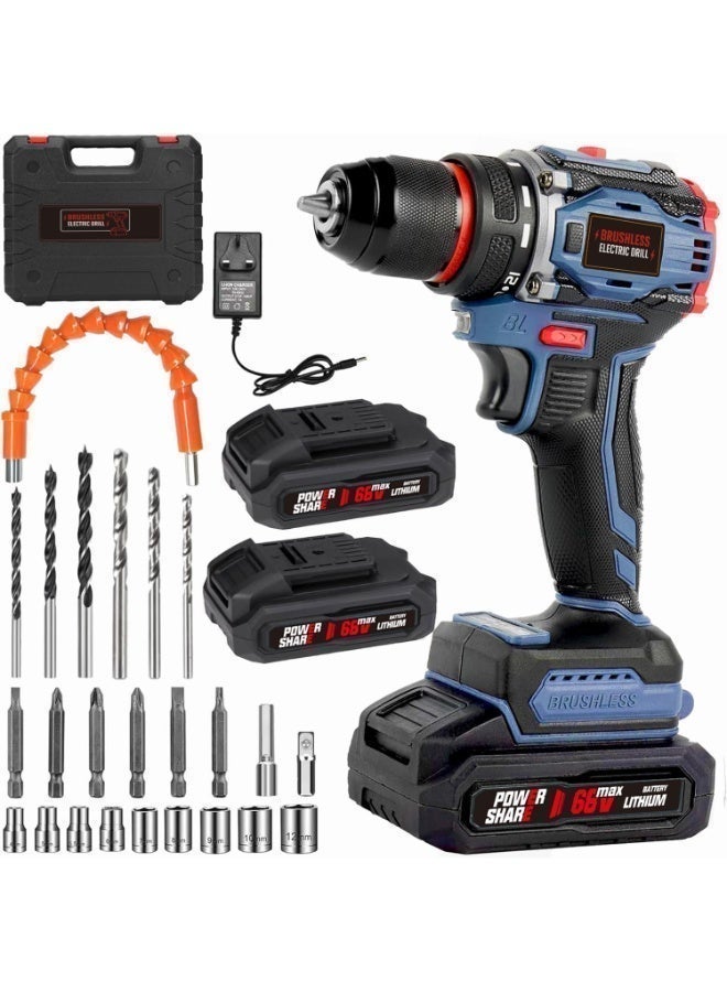 Apexll Brushless 68V Cordless Electric Drill, Multifunctional Impact Drill for Home Use, Furniture Assembly Tool with Knockable Design and 2 Batteries(Blue-A) - Image 1